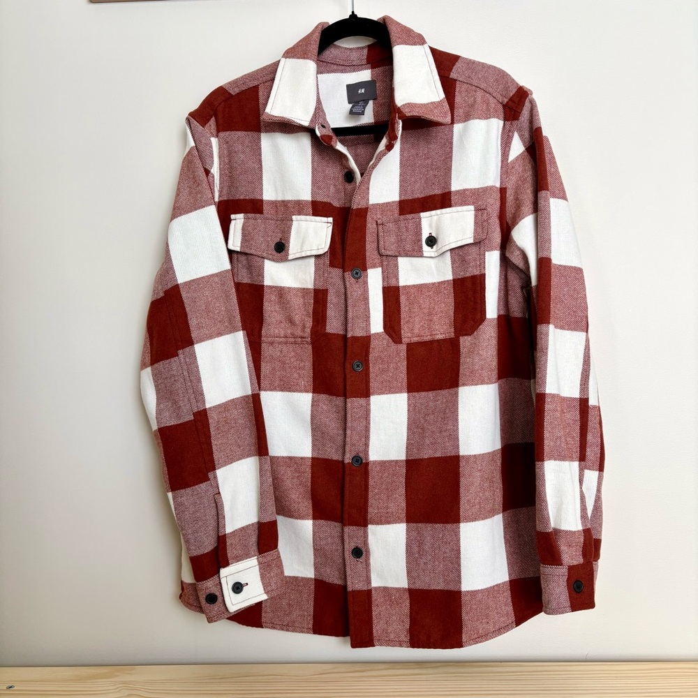 H&M Thick Plaid Flannel Overshirt Shacket Red/Orange White Men’s Large L